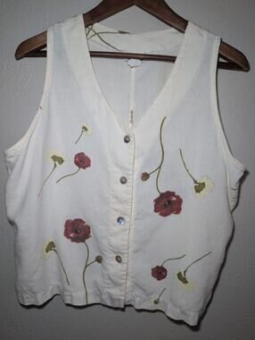 Vintage 2 Piece Tank/Skirt Set Tencel Flax L Cream Floral Pockets Midi Coquette